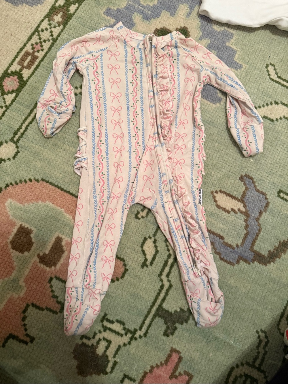 Baby Girls Pink Bow-Print Footed One-Piece Romper with Ruffle Trim